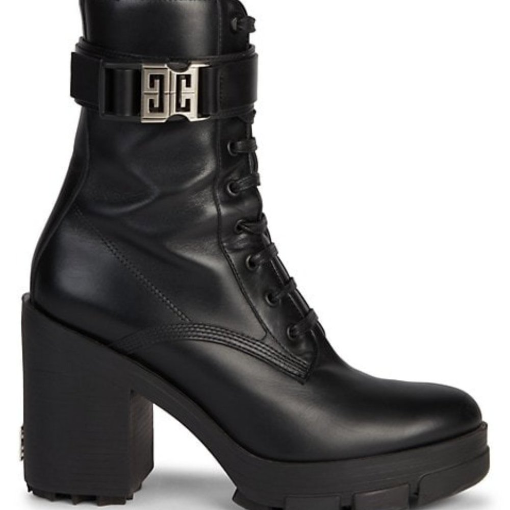 Givenchy Black Leather Block-Heel Combat Boots Made in Italy - Pre-loved